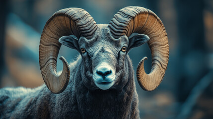 Naklejka premium mountain ram goat with big ring horns 