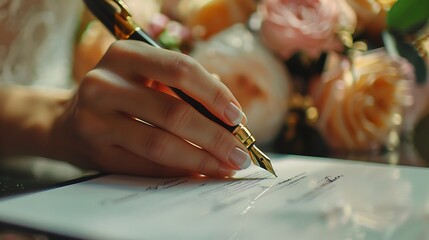 Close-up of a hand using a luxurious pen to sign a marriage certificate, professional wedding setting, glass desk with floral decorations, certificate details slightly blurred,
