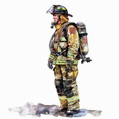 Fototapeta premium Watercolor painting of a firefighter in uniform, ready for duty, on isolated white background