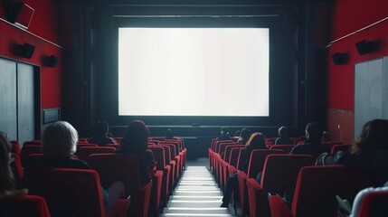 Fototapeta premium A cozy theater with plush red seats fills as an audience awaits the start of a film, illuminated by the soft glow from the screen.