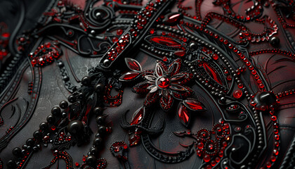 Gothic side bag with a lot of details and jewels, in red and black, long handle, dark fantasy
