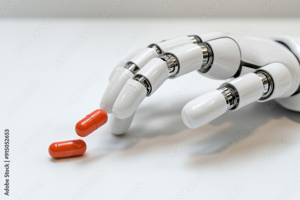 Poster robot arm offering an assortment of pills showcasing the role of robotics in accessible healthcare s