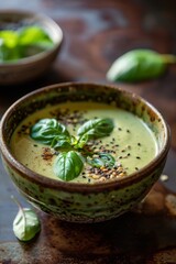 Discover hazelnut pesto sauce in a ceramic bowl, garnished with fresh basil.