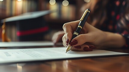 Close-up of a hand using a luxurious pen to sign a scholarship acceptance letter, professional study setting, wooden desk with official documents, graduation cap details slightly blurred,