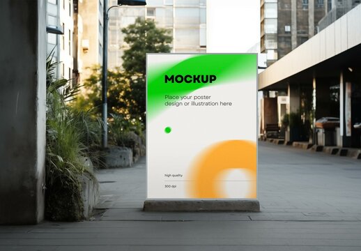 Urban Poster Mockup on Pedestal Stand &ndash; Realistic Street Advertising Display for Outdoor Branding, Event Promotion, or Commercial Poster Design