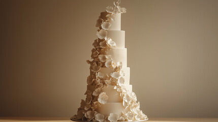 A tall multi-tiered white cream cake with delicate floral decorations that look realistic. The floral decor is placed on the sides of the cake, adding elegance and sophistication