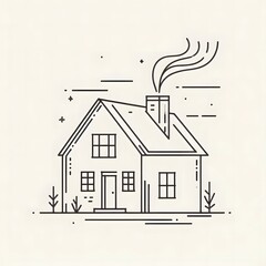 Minimalist line drawing of a cozy house with smoke coming from the chimney, evoking warmth 
