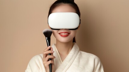 A joyful woman with virtual reality gear explores makeup techniques, holding a brush and smiling in a warm, inviting environment