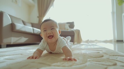 A laughing baby crawls on a light-colored carpet in a bright, sunlit living room, radiating pure joy and innocence.