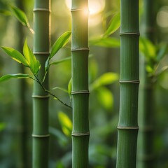 Obraz premium Close-up of green bamboo stalks with sunlight filtering through, lush and tranquil atmosphere.