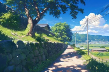 日本の田舎の風景のイラスト（田んぼ・里山・青空・雲・アニメ・家・自然）