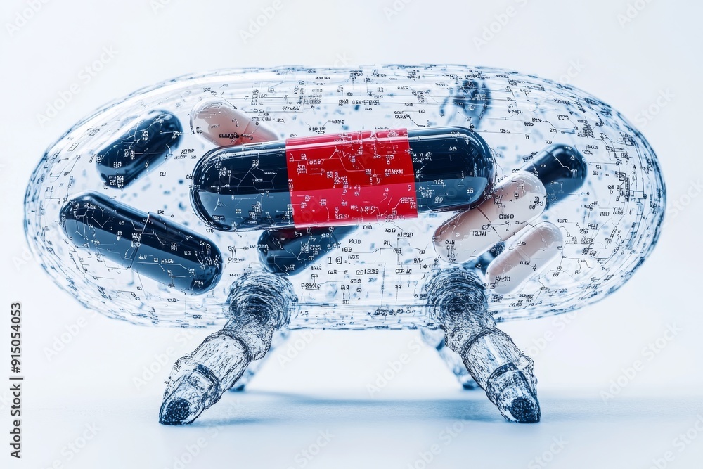Poster futuristic robot hands manipulating a dna helix illustrating the convergence of robotics and genetic