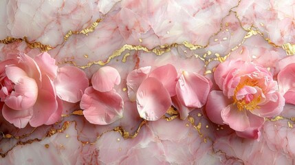 A soft pink marble background, enhanced with gold veins and decorated with pink peony petals. 