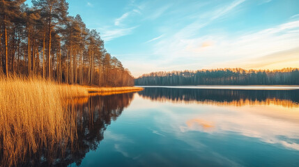 A beautiful lake glows in the golden light of sunset. The blue sky above reflects in the calm waters, creating a stunning mirror image. --ar 16:9 --v 6.1 Job ID: f9b4b1ba-7e60-4fe5-b1b4-360b8b33ee87