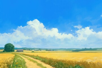 日本の田舎の風景のイラスト（田んぼ・里山・青空・雲・アニメ・家・自然）