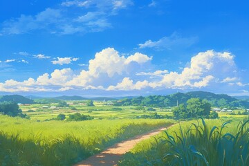 日本の田舎の風景のイラスト（田んぼ・里山・青空・雲・アニメ・家・自然）