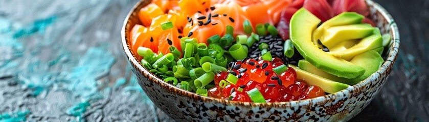 Vibrant poke bowl with fresh salmon, avocado, and vegetables, presented in a colorful, appetizing closeup