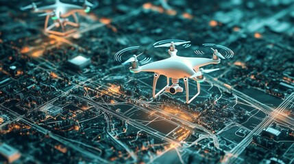 Droni futuristici in missione di mappatura 3D, volano autonomamente attraverso paesaggi digitali, combinando precisione e innovazione per una sorveglianza avanzata e interattiva.