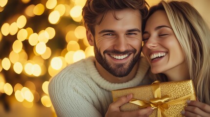 Un uomo e una donna sorridono mentre si scambiano un regalo con un fiocco rosso, circondati da luci dorate. L'immagine trasmette amore, gioia e spirito natalizio.