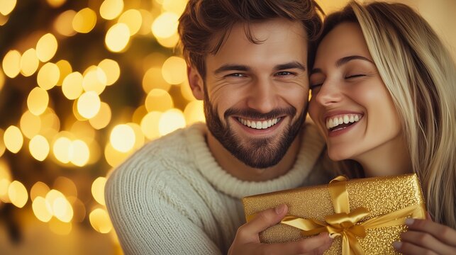 Un uomo e una donna sorridono mentre si scambiano un regalo con un fiocco rosso, circondati da luci dorate. L'immagine trasmette amore, gioia e spirito natalizio.