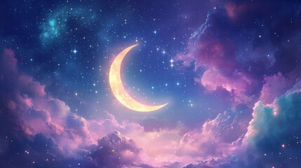 Fototapeta premium A beautiful night sky with a crescent moon, surrounded by twinkling stars and ethereal nebulas. --ar 16:9 --v 6.1 Job ID: db6f829a-9a4b-463e-9624-3157f225097b