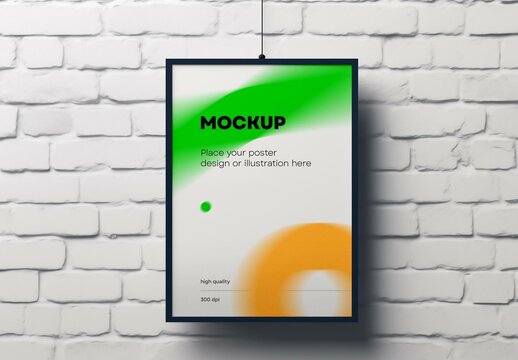 Framed Poster Mockup on White Brick Wall &ndash; Perfect for Home Decor Showcases, Interior Design Projects, or Promotional Print Display