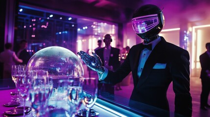 A 2025-themed New Year’s Eve gala featuring guests in futuristic attire, a holographic ball drop, and robotic servers delivering champagne to tables as everyone cheers to the new year 