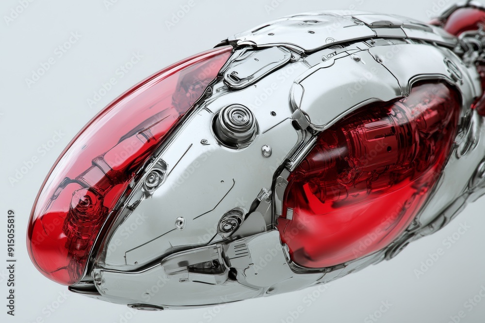 Poster sleek red and white robotic head merging advanced technology with striking design to represent the f
