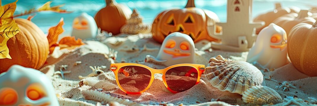 A beach setting with Halloween sunglasses lying on a towel, surrounded by spooky seashells and ghost - shaped sandcastles