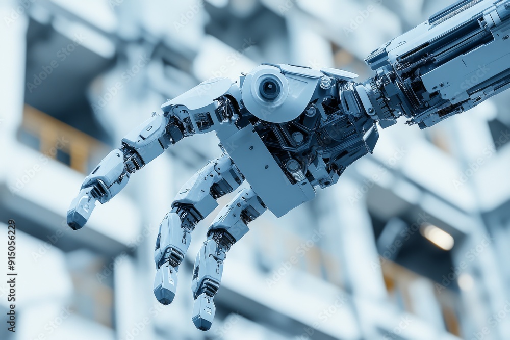 Poster precision robotics in modern manufacturing: a detailed look at a robotic arm in a high tech factory 