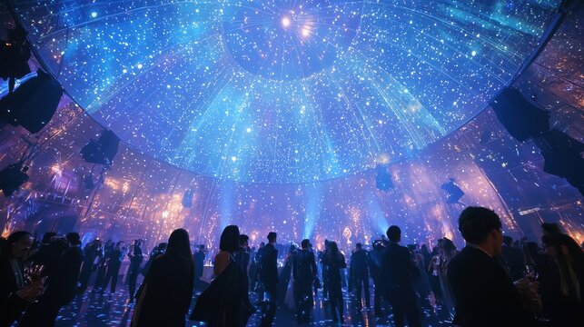 A futuristic space-themed 2025 New Year’s Eve celebration, held inside a massive dome with projections of stars and galaxies, where guests experience zero-gravity dances as they toast to the 