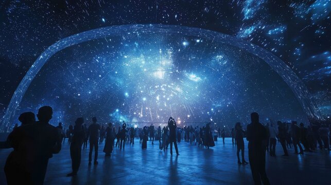 A futuristic space-themed 2025 New Year’s Eve celebration, held inside a massive dome with projections of stars and galaxies, where guests experience zero-gravity dances as they toast to the 