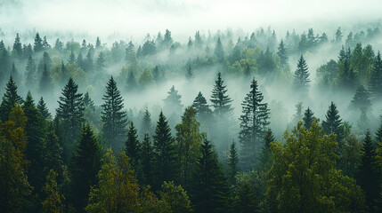 Fototapeta premium Panoramic view of forest with morning fog