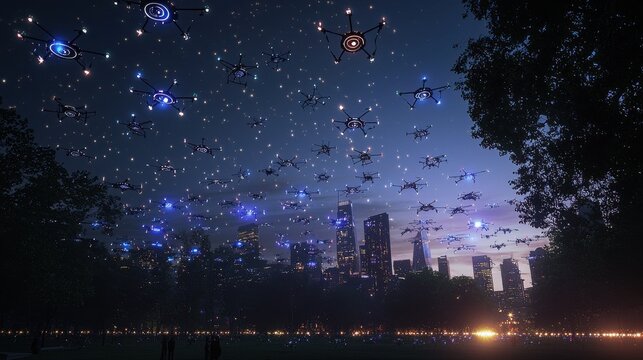 A high-tech countdown event for 2025 in a modern city park, where drones are flying in synchronized patterns, creating a visual countdown in the sky as the city lights up in celebration 