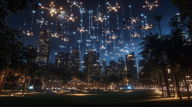 A high-tech countdown event for 2025 in a modern city park, where drones are flying in synchronized patterns, creating a visual countdown in the sky as the city lights up in celebration 