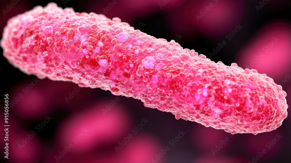 Poster a vibrant pink bacterium displayed in a close-up image, showcasing intricate details and textures un