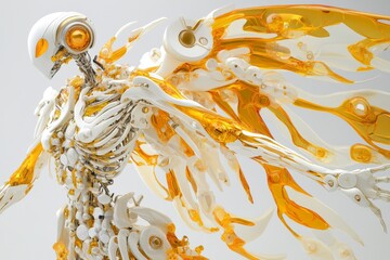 Abstract robotic splash of golden paint artistically highlighting the fusion of art and robotics.