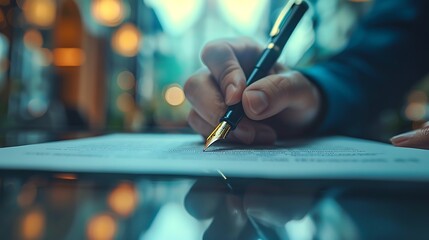 Hand signing an intellectual property rights document, elegant fountain pen in use, patent certificate subtly in the background, polished glass desk, document text out of focus, soft office lighting,