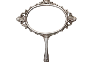 Elegant Vintage Handheld Mirror With Intricate Floral Motif Captured Against a Plain Background on Transparent PNG Background..