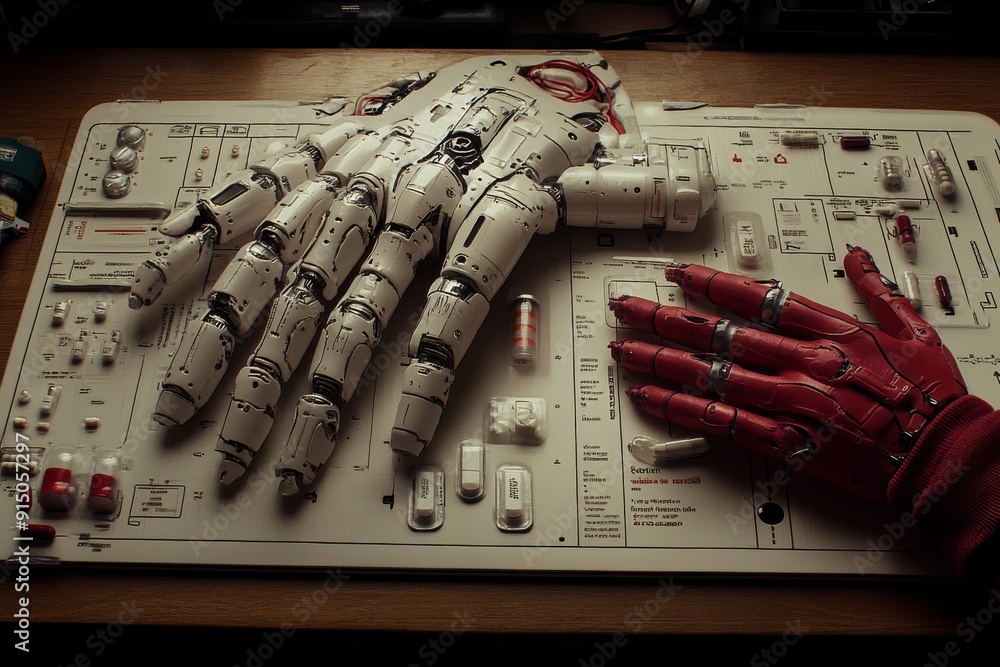 Poster robot hand playing a piano merging the art of music with the precision of robotic technology.