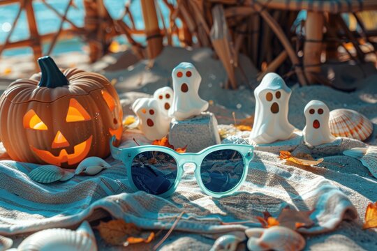A beach setting with Halloween sunglasses lying on a towel, surrounded by spooky seashells and ghost - shaped sandcastles