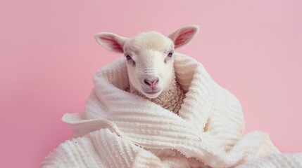 Fototapeta premium A baby lamb wrapped in a soft, white blanket against a simple pink background, emanating tenderness and warmth.