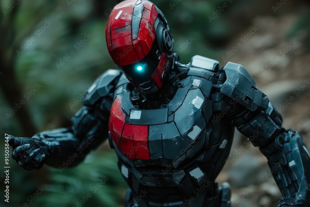 Poster advanced combat robot patrolling a dystopian landscape symbolizing the intersection of technology an