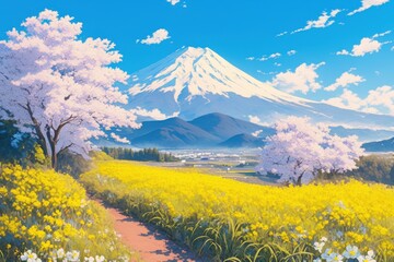 日本の富士山がある風景のイラスト（世界遺産・里山・青空・雲・アニメ・自然）