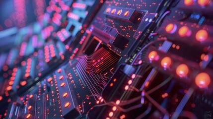 Obraz premium Circuit Board with Glowing Red Lights