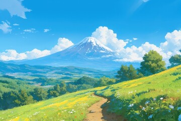日本の富士山がある風景のイラスト（世界遺産・里山・青空・雲・アニメ・自然）