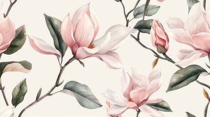Seamless pattern with watercolor pink magnolia flowers and leaves on a white background, a hand drawn illustration in a pastel color palette with soft colors and a soft light