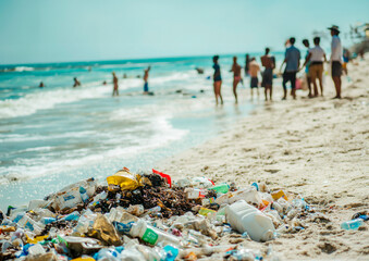Obraz premium The Generative AI photo of the beach polluted with household trash and waste. Environmental pollution. Stop plastic. Ecological problem