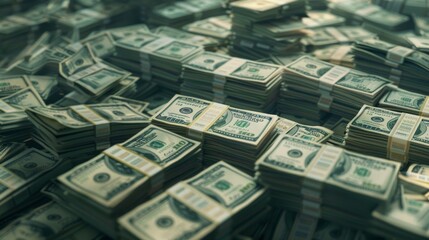 Countless bundles of hundred-dollar bills piled together, symbolizing immense wealth and financial abundance.