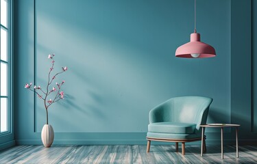 Minimalist Interior Design with Teal Walls and Pink Pendant Light